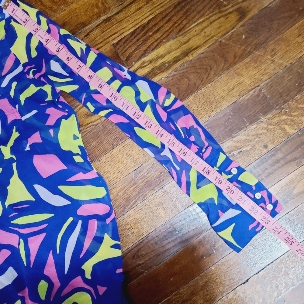 Neon Colorful Geometric Liz Claiborne Blouse Medium Career Semi Sheer - Picture 11 of 14